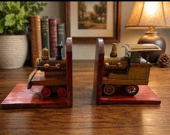 Vintage Handcrafted Wooden Locomotive Train Bookends