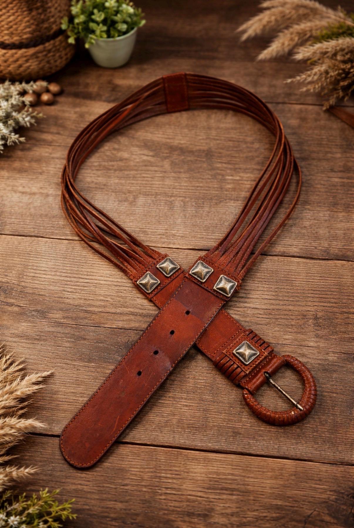 Vintage Boho Multi Strand Belt Antiqued Brass Pink Stone Medallion‎ Leather Sm vintage boho leather belt products for sale | eBay main image 4