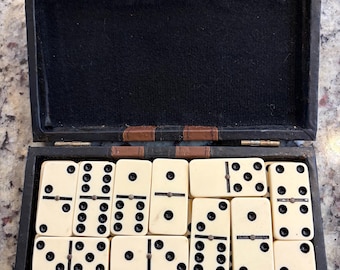 Vintage Domino Set 28 Tiles with Brass Spinners and a Leatherette Carrying Case