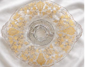 Vintage Cambridge Glass Rose Point Gold Encrusted Double Handled Serving Tray