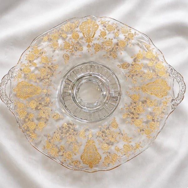 Vassoio da portata vintage Cambridge Glass Rose Point con doppio manico e inserti in oro