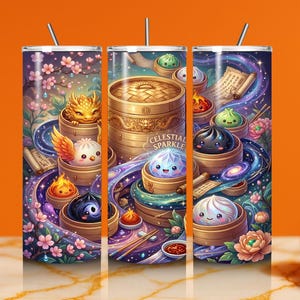 以下が含まれることがあります： 竹製の蒸し器に入った餃子の空想的なイラストが描かれたステンレス製のタンブラー。桜の背景に宇宙が描かれています。タンブラーにはストローと「Celestial Sparkle」の文字が入っています。