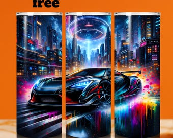 Neon Sports Car Tumbler Wrap: Watercolor Sublimation (PNG Digital Download 20oz Skinny )