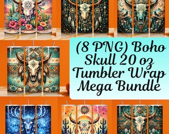 Boho Cow Skull 20oz Tumbler Wrap Bundle – Aztec Western PNG (Digital Download)