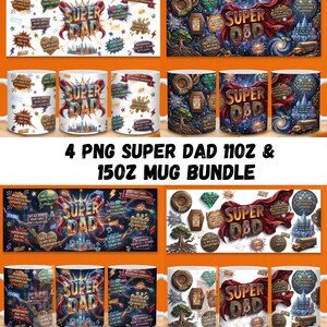 May include: A bundle of four white ceramic mugs with various "Super Dad" designs. The mugs feature colorful graphics, including a superhero cape, lightning bolts, and text like "Dad's love is my real superpower." The bundle includes 11oz and 15oz mugs.