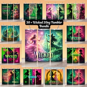 Könnte beinhalten: Eine Sammlung von 20oz-Bechern mit verschiedenen Designs, die Charaktere und Themen aus dem Musical "Wicked" zeigen. Die Becher zeigen lebendige Illustrationen von Hexen, magischen Szenen und dem Text "Wicked". Das Bundle enthält mehrere Designs mit unterschiedlichen Farbschemata.