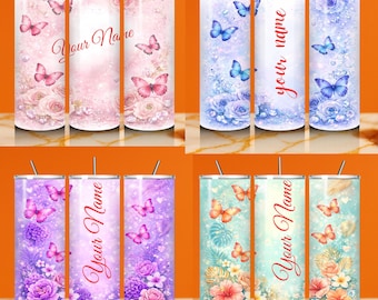 Butterfly Tumbler Wrap PNG Add Your Own Name Blue & Purple Glitter 20 oz Skinny Tumbler Design Seamless Sublimation Instant Digital Download