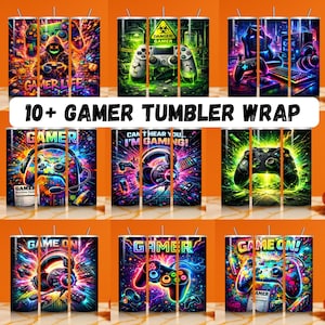 May include: A collection of ten or more gamer-themed tumbler wraps. The designs feature vibrant neon colors, game controllers, headphones, and text such as "Gamer Life," "Game On!," and "I'm Gaming!" The overall theme is gaming and video game culture.