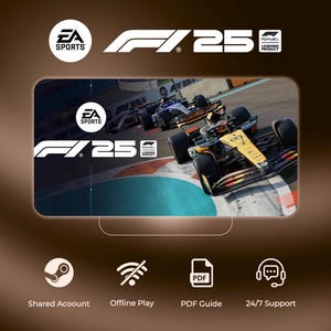 Op de afbeelding: Promotieafbeelding voor F1 25, een racevideogame, met het EA Sports-logo en de titel van de game. De afbeelding toont raceauto's op een circuit. Pictogrammen geven functies aan zoals gedeeld account, offline spelen, PDF-gids en 24/7 ondersteuning.