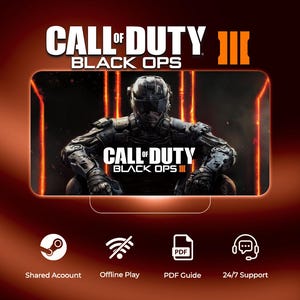 May include: Call of Duty Black Ops III digital game listing featuring a soldier in tactical gear. Icons below indicate Shared Account, Offline Play, PDF Guide, and 24/7 Support. The background is a deep red gradient with orange vertical light streaks.