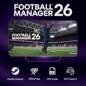 Puede incluir: Imagen promocional de Football Manager 26. La imagen presenta el logotipo del juego y una escena de un partido de fútbol. Debajo, iconos para cuenta compartida, juego sin conexión, guía PDF y soporte 24/7.