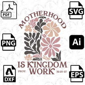 May include: A digital graphic design with the text "MOTHERHOOD IS KINGDOM WORK" in a brown arch over a floral design in shades of pink, tan, and gray. File formats include PDF, PNG, SVG, AI, DXF, and EPS.