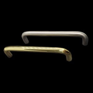 May include: Two metal cabinet handles. One is a brushed silver color, and the other is a shiny gold color. Both handles have a curved, tubular design with textured ends. The handles are set against a black background.