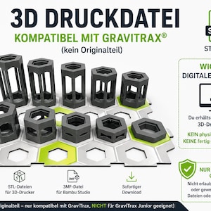 May include: A digital 3D print file for GraviTrax compatible components. The image displays dark grey hexagonal height modules ranging from 1 cm to 14 cm in height, positioned on a white and green hexagonal grid base. Includes STL and 3MF files.