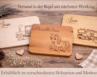 Personalisiertes Frühstücksbrett für Kinder mit verschiedenen Motiven – Holzbrett mit Name – FSC Birke, Buche, Bambus – Geschenk zur Geburt