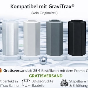 Könnte beinhalten: Vier unterschiedlich farbige, zylindrische Bausteine für eine GraviTrax-Kugelbahn. Die Blöcke sind weiß, hellgrau, dunkelgrau und schwarz. Das Bild enthält auch Text auf Deutsch.