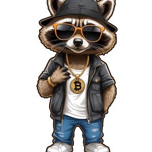 Könnte beinhalten: Ein Cartoon-Waschbär mit schwarzem Hut, orangefarbener Sonnenbrille und schwarzer Lederjacke über einem weißen T-Shirt. Der Waschbär hat eine goldene Kette mit Bitcoin-Anhänger, blaue Jeans und weiße Turnschuhe.