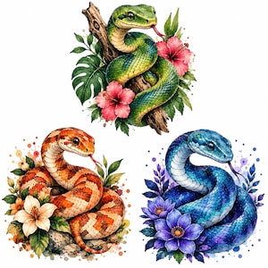 Könnte beinhalten: Drei Aquarellillustrationen von Schlangen. Eine grüne Schlange auf einem Ast mit rosa Hibiskusblüten, eine orange-weiße Schlange mit weißen Lilien und eine blaue Schlange mit violetten Blüten. Jede Schlange hat eine gespaltene Zunge.