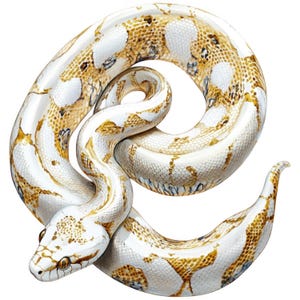 May include: A detailed illustration of a snake with a white body and brown and tan markings. The snake is coiled, with its head and tail visible. The snake's scales are meticulously rendered, and its eyes are open.