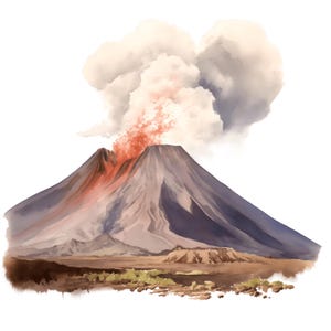 Könnte beinhalten: Aquarellmalerei eines ausbrechenden Vulkans. Der Vulkan hat einen grauen und violetten Farbton, mit roter Lava und Rauch, der aus der Spitze aufsteigt. Der Hintergrund zeigt eine hellbraune Landschaft und einen weißen Himmel.