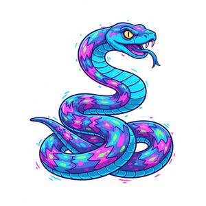Pode incluir: Ilustração colorida de uma cobra em tons de azul, roxo e rosa. A cobra está enrolada, com a língua estendida. O design é em estilo cartoon sobre um fundo branco.