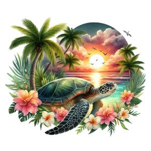 Könnte beinhalten: Digitale Illustration einer Meeresschildkröte, umgeben von tropischen Blumen und Palmen. Die Schildkröte ist grün und braun, mit einem gemusterten Panzer. Der Hintergrund zeigt einen Sonnenuntergang über dem Meer mit Vögeln.