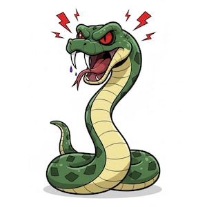 May include: A cartoon illustration of an angry green snake with red eyes and a forked tongue. The snake is coiled and has lightning bolts above its head. The snake's mouth is open, revealing fangs.