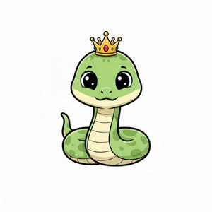 Pode incluir: Ilustração de desenho animado de uma cobra verde usando uma coroa de ouro. A cobra tem olhos grandes e pretos e uma expressão amigável. O corpo da cobra é verde claro com manchas verdes escuras e uma barriga creme. O fundo é branco.