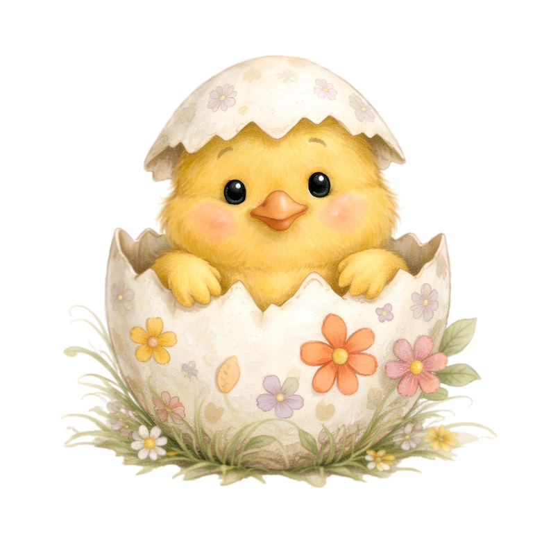 May include: A watercolor illustration of a yellow chick hatching from a decorated egg. The eggshell is off-white with floral designs. The chick has rosy cheeks and is surrounded by grass and flowers.