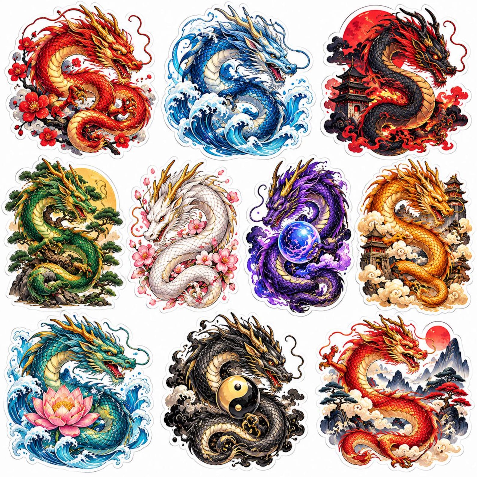Dragon Sticker Roll 10x Chinese Dragon Stickers, Asian Fantasy Motif, Waterproof Stickers ...