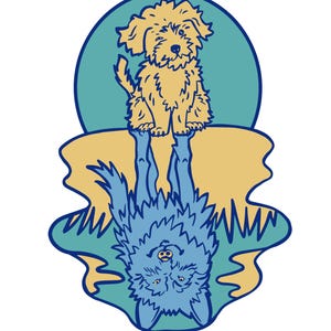 May include: A whimsical illustration of a dog and its reflection. The top half features a yellow dog sitting on a yellow and blue landscape against a teal circle. The bottom half shows the dog's blue reflection.