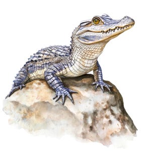 Peut inclure: Illustration à l'aquarelle d'un petit alligator, avec un corps bleu clair et crème, perché sur un rocher texturé. L'alligator a une texture écailleuse détaillée et des yeux jaunes, la tête inclinée vers le haut.