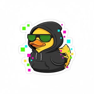 May include: A sticker featuring a cartoon duck wearing a black hoodie and neon green sunglasses. The duck has a yellow body, orange beak, and is surrounded by colorful pixelated squares. The design has a modern, tech-inspired aesthetic.