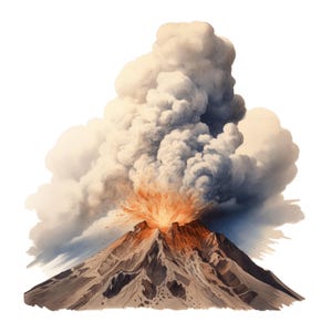 Könnte beinhalten: Illustration eines ausbrechenden Vulkans mit einer großen Rauch- und Aschewolke. Der Vulkan ist braun und grau, mit orangefarbener und roter Lava, die aus der Spitze spritzt. Der Rauch ist weiß und grau und erzeugt eine dramatische Szene.