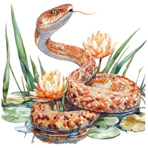 Könnte beinhalten: Aquarellillustration einer Schlange mit orangefarbenen und braunen Schuppen, die sich zwischen Seerosen und hohem, grünem Gras windet. Die Zunge der Schlange ist ausgestreckt, in einer ruhigen Wasserumgebung.