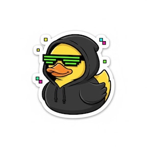 Op de afbeelding: Een sticker met een gele eend met een zwarte hoodie en gepixeleerde groene zonnebril. De eend heeft een oranje snavel en is omgeven door kleine, kleurrijke gepixeleerde vierkantjes. De sticker heeft een witte rand.