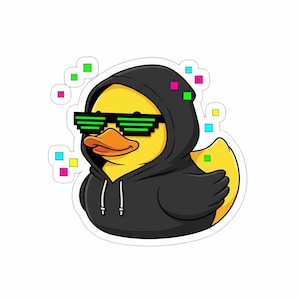 May include: A sticker featuring a yellow duck wearing a black hoodie and pixelated green sunglasses. The duck has an orange beak and is surrounded by colorful pixel squares. The design is a playful, modern take on a classic character.
