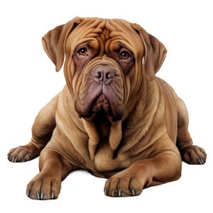 Puede incluir: Ilustración digital de un Dogo de Burdeos tumbado. El perro tiene un pelaje marrón, arrugas alrededor de la cara y una mirada suave. La imagen está sobre un fondo blanco limpio, resaltando las características del perro.