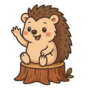 Peut inclure: Illustration de dessin animé d'un hérisson amical qui salue. Le hérisson a un corps beige, des piquants bruns et est assis sur une souche d'arbre marron. Le hérisson a une expression joyeuse avec des joues roses.