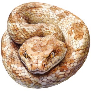 May include: Watercolor illustration of a coiled snake. The snake is primarily tan and brown with a patterned design. The snake's head is in the center, with yellow eyes and a focused gaze. The artwork is detailed and realistic.