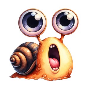 Peut inclure: Un escargot de dessin animé avec de grands yeux surpris et une bouche ouverte. Le corps de l'escargot est de couleur orange clair, avec une coquille marron et beige. Les yeux sont grands et bleus, et la bouche montre une langue rose.