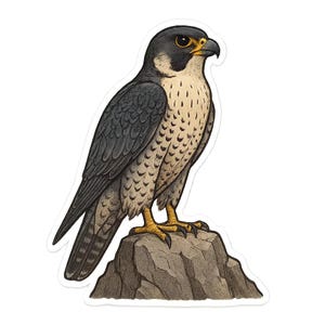 Könnte beinhalten: Ein Aufkleber mit einer detaillierten Illustration eines Wanderfalken, der auf einem Felsen sitzt. Der Vogel hat dunkelgraue Flügel und Rücken, eine cremefarbene Brust mit dunklen Flecken und einen gelben Schnabel und Füße. Der Felsen ist braun.