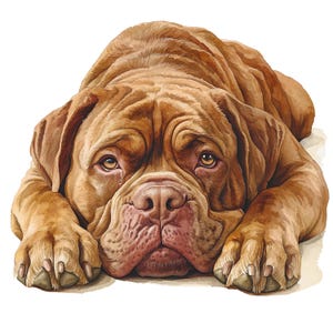 Puede incluir: Ilustración en acuarela de un perro Dogo de Burdeos tumbado. El perro tiene un pelaje marrón con arrugas y pliegues, y una nariz rosada. Los ojos del perro son marrones y mira directamente al espectador.