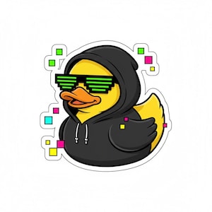 May include: A yellow duck wearing a black hoodie and pixelated green sunglasses. The duck has an orange beak and is surrounded by colorful pixelated squares. The design is a sticker.
