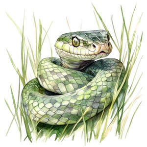 Könnte beinhalten: Aquarellillustration einer grünen Schlange, die sich in grünem Gras windet. Die Schlange hat einen gemusterten Körper und gelbe Augen. Das Kunstwerk ist detailliert und realistisch, mit einem Fokus auf natürliche Farben und Texturen.