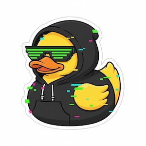 May include: A yellow rubber duck wearing a black hoodie and pixelated green sunglasses. The duck has an orange beak and is decorated with colorful glitch effects. This design is a fun, tech-themed graphic.