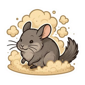 Könnte beinhalten: Cartoon-Illustration eines grauen Chinchillas mit buschigem Schwanz, das in einer Wolke aus beigefarbenem Staub sitzt. Das Chinchilla hat große Ohren mit rosa Innenseiten und lange Schnurrhaare. Das Bild hat einen weißen Hintergrund.