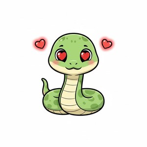Puede incluir: Ilustración de dibujos animados de una serpiente verde con ojos en forma de corazón y dos corazones rojos flotando sobre su cabeza. La serpiente tiene un vientre verde claro y manchas verde oscuro.