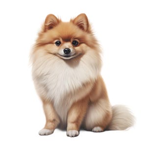 Op de afbeelding: Een digitale illustratie van een dwergkeeshond. De hond heeft een pluizige, lichtbruine vacht met een witte borst en poten. Hij zit rechtop met een vriendelijke uitdrukking en zijn staart is gekruld.