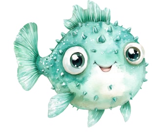 2X Kugelfisch Aquarell Sticker Autoaufkleber Fisch Meer Tiermotiv Süßes Design Geschenkidee 9X9 cm